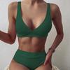 Letní bikiny s výstřihem do V, dvoudílná sada, jednobarevné, žebrované, hluboké, s podprsenkou, plavky