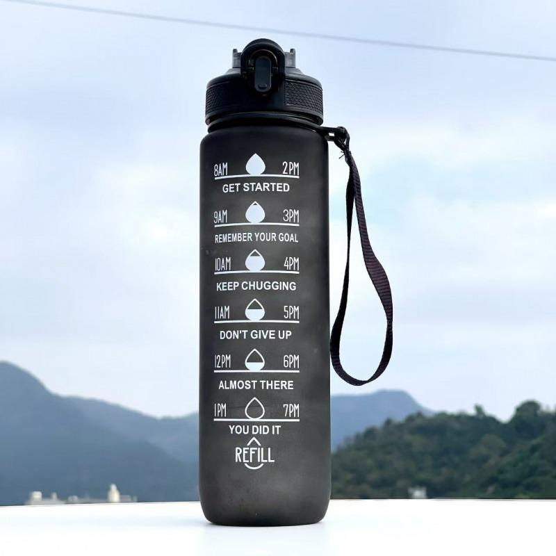 1000ml Plastic Water Bottle with Time Marker, Leakproof Gradient Sports Bottle for Women Men, Gym Yoga Hiking Office