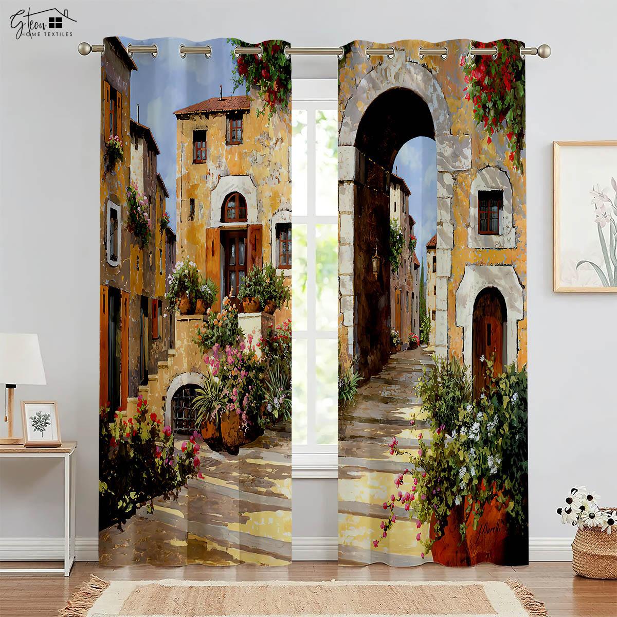

Шторы Масляная живопись в стиле Ins Скандинавский пасторальный пейзаж Сказочный город Спальня Гостиная Кабинет Печатные декоративные шторы 2 шт. W50xH130(CM)x2PCS&Rod pocket
