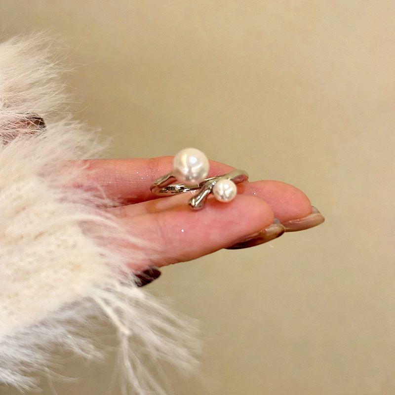 Silver Pearl Zirconia Adjustable Open Ring for Women - Elegant High-End Design Adjustable