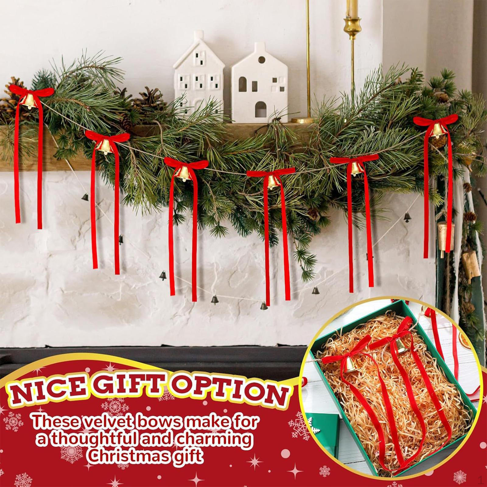 

12Pcs Christmas Tree Velvet Bows with Twist Ties Decorative Ornaments Bells Garland for