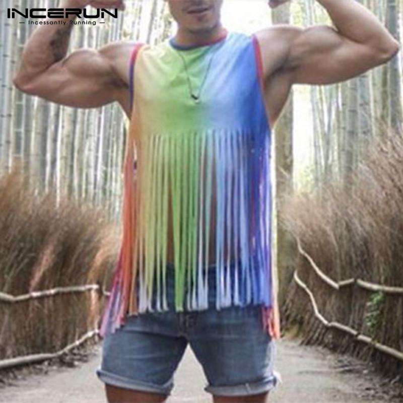 

INCERUN Летний мужской красочный жилет с кисточками Пляжная клубная одежда Свободные майки-майки