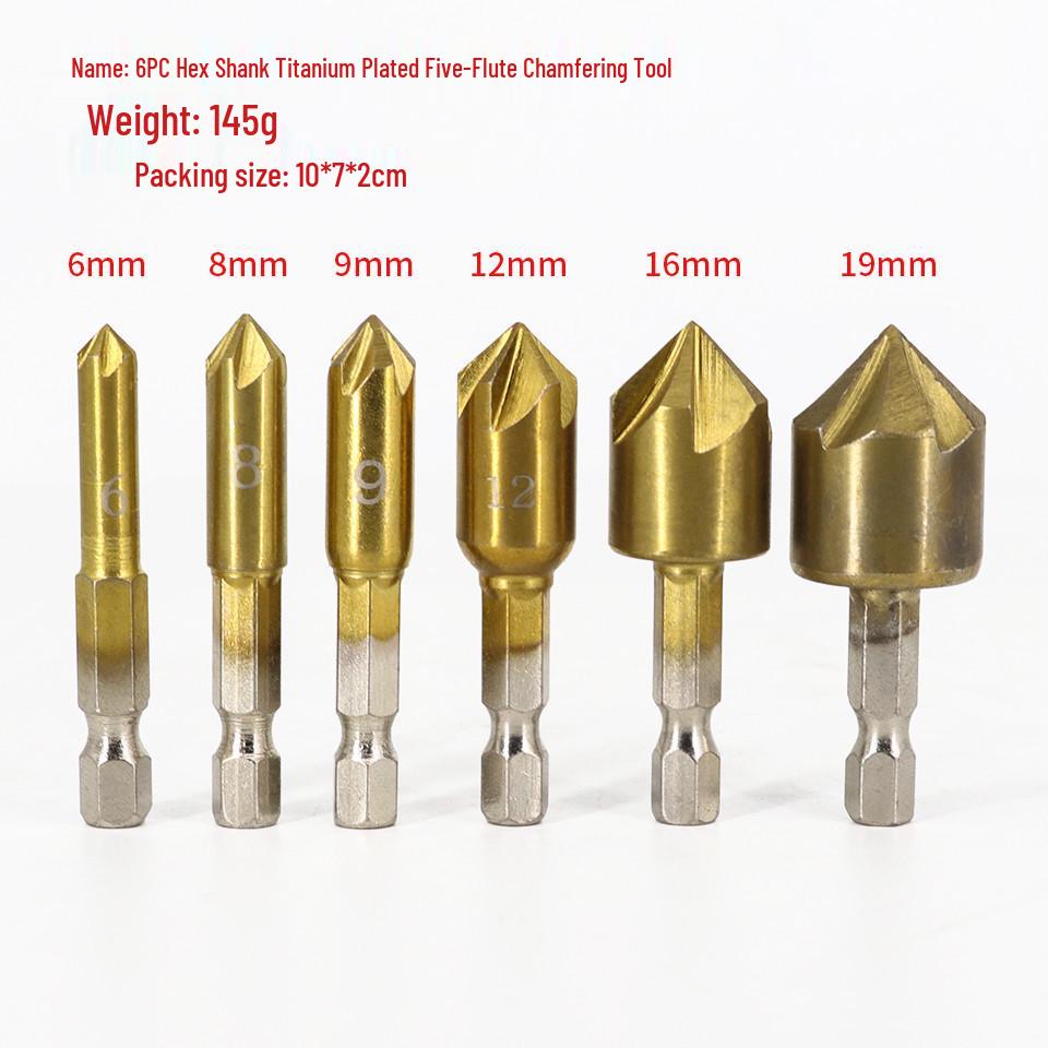 Hex Shank Titanium-Plated Five-Flute Wood Countersink Drill & Chamfering Tool