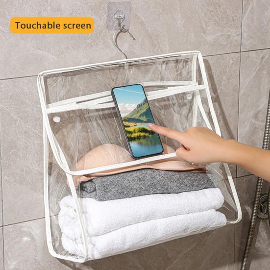 Waterproof Shower Clothes Bag Transparent Bathroom Storage Bag Hanging Storage Pouch with Hook for Mobile Phone Dry Clothes Towel Dorms RVs