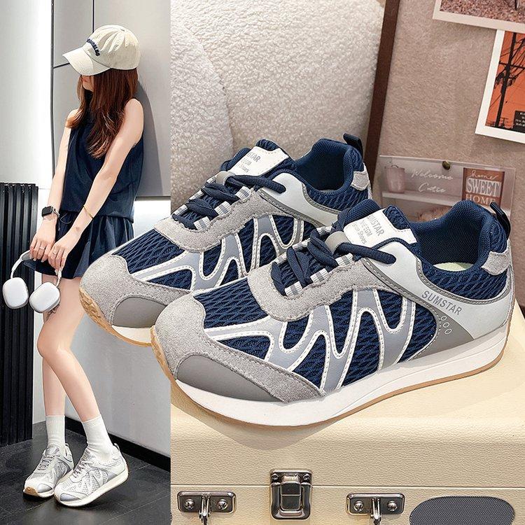 Leather Mesh Platform Sports Casual Shoes Women's 2025 Summer New Breathable Outdoor Hiking Shoes Jogging Shoes