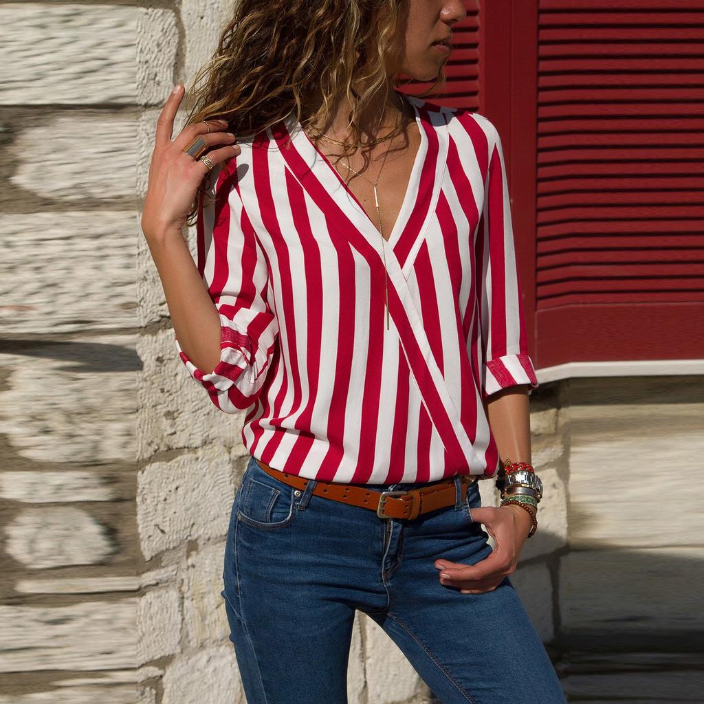 Casual Loose V-neck Striped Chiffon Long-Sleeved Women's Pullover Shirt