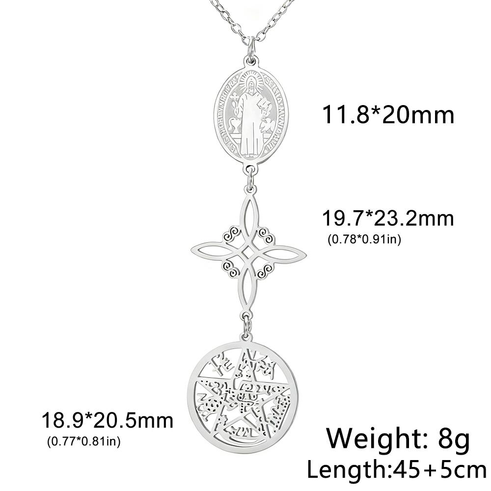 Triple Protection Necklace St. Benedict Witch Knot Pentagram Tetragrammaton Stainless Steel Double-side Jewerly