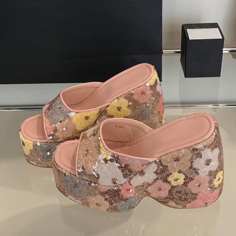 Liyke Sexy 13CM Super High Heels Wedges Slippers For Woman Pink Sequined Thick Bottom Open Toe Party Dress Shoes Platform Sandal