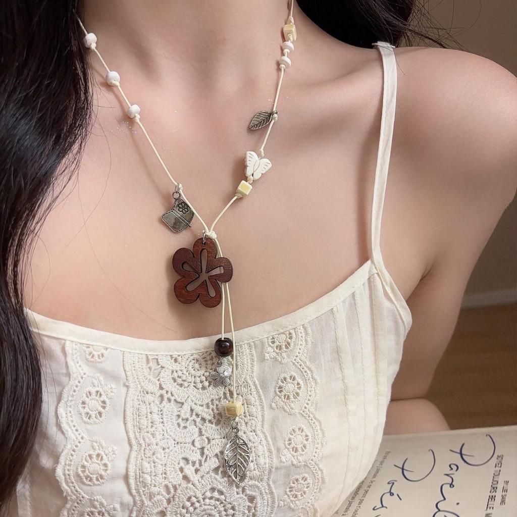 Vintage Wooden Flower Pendant Necklace with Beaded Braided Rope - Stylish Long Sweater Chain for Women