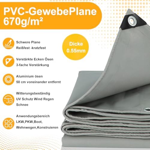 Heavy Duty PVC Tarpaulin 670g/m² Waterproof Tear Resistant UV Resistant with Eyelets 3x5m for Truck Boat Trailer Pool