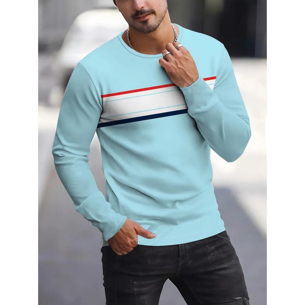 Rundhals Lässiges Oberteil Modisch Vielseitig Freizeit 3D Langarm T-Shirt Gestreiftes T-Shirt Herren Locker Großes T-Shirt