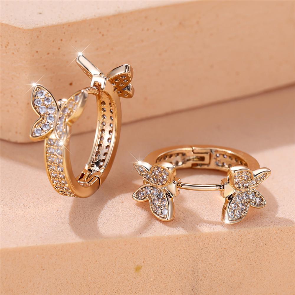 Charm Female White Crystal Stone Cute Butterfly Hoop Earrings Gold Color Simple Wedding Jewelry For Women
