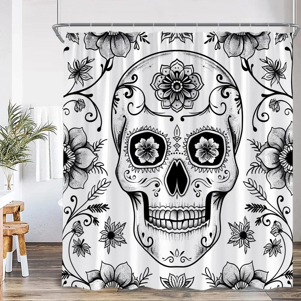 Bohemisk Dödskalle Blomma Duschdraperi Blomma Vintage Växt Blad Glad Halloween Badrumsdekoration Polyester Badkarsdraperi