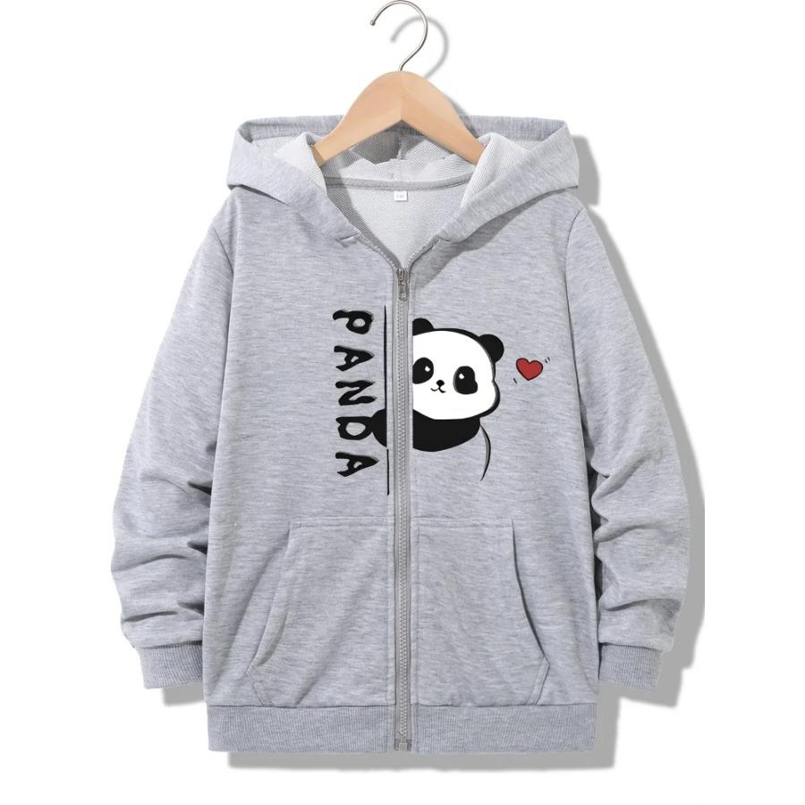 Casual Hooded Jacket Kids Black Zip Up Hoodie Split Peeking Panda Red Heart And Vertical Panda Letter Graphic Long Sleeve Pocket