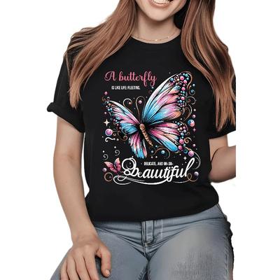 Schmetterling Grafik Print T-Shirt für Damen Lässiges Kurzarm-Tee Schwere Baumwolle Bequemer Rundhalsausschnitt, Weiche Niedliche T-Shirts Tops LA