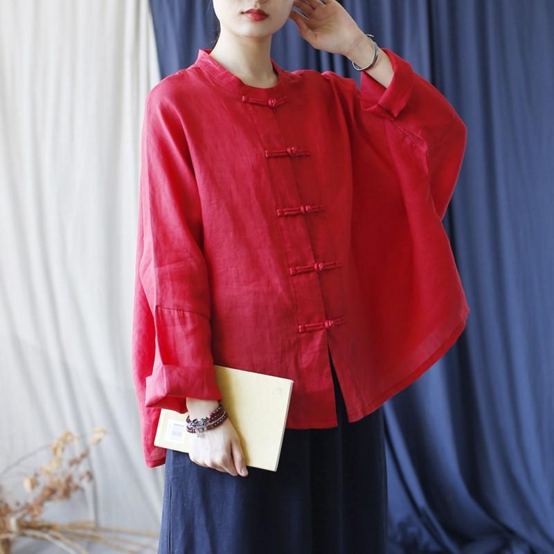 Johnature Dámské košile v čínském stylu Stojáček Dlouhý rukáv Knoflíkové topy Podzim Jednobarevné Vintage Dámské halenky