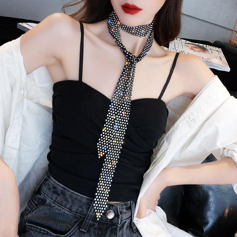 Exaggerated Shiny Multi-row Rhinestones Long Fringed Collarbone Chain Female Internet Celebrity Personality Neckband Black Retro Necklace