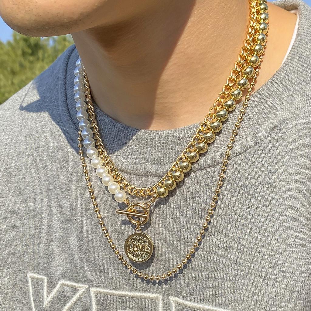 Vintage Imitation Pearl Splicing Necklace Multi-layer LOVE Letter Collarbone Chain Elegant OT Buckle Necklace