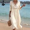 Damesmode Zomer Lente Effen Kleur Print 1/2 Mouwen V-Hals Losse Taillelijn Casual Jurken