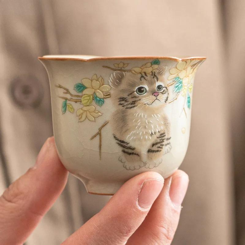 Ru Kiln Yellow Ceramic Teacup Hand Painted Cat Pattern Single Cup Tea Tasting Cup Tea Table Kung Fu Teas Set Drinking Tea Cups
