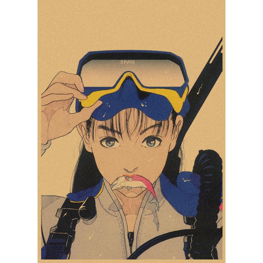 Sakura Diaries Retro Kraftpapier Manga Illustration Wandkunst