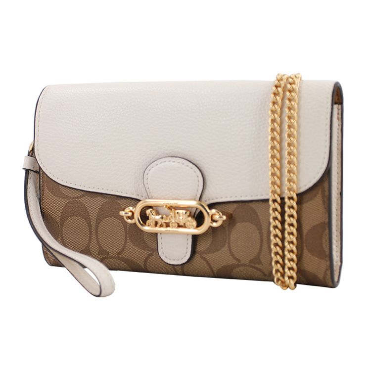 Coach 21 Horse And Carriage Logo Leather Chain Crossbody Shoulder Bag Women Bags Khaki White 88101-IMDJ8