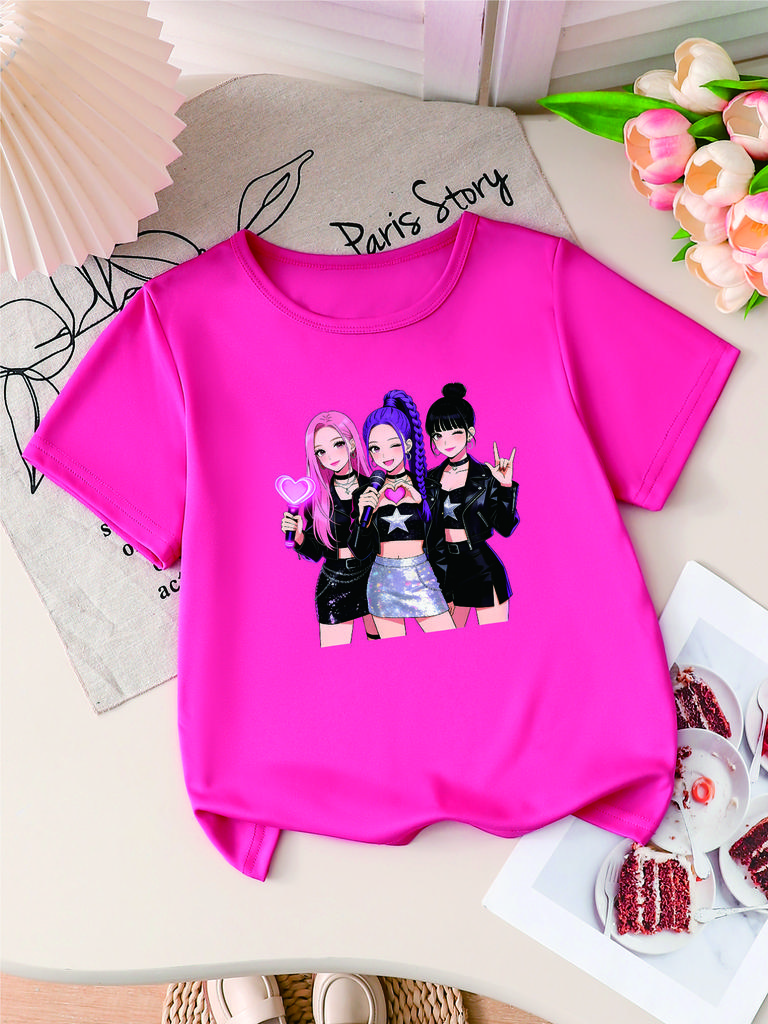 Girls K-POP Idol Group Print Short Sleeve T-Shirt Cute Concert Graphic Tee Kids Summer Casual Top