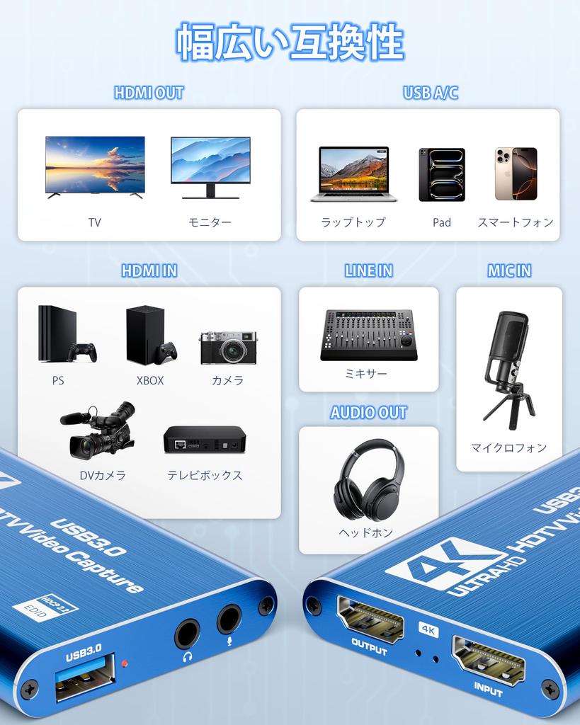 [WASACHI] 4K HDMI Capture Board, Compatible with SwitchPS5, 1080p60fps Recording, USB 3.0, Low Latency, Game Streaming, Plug and Play - Blue Aluminum