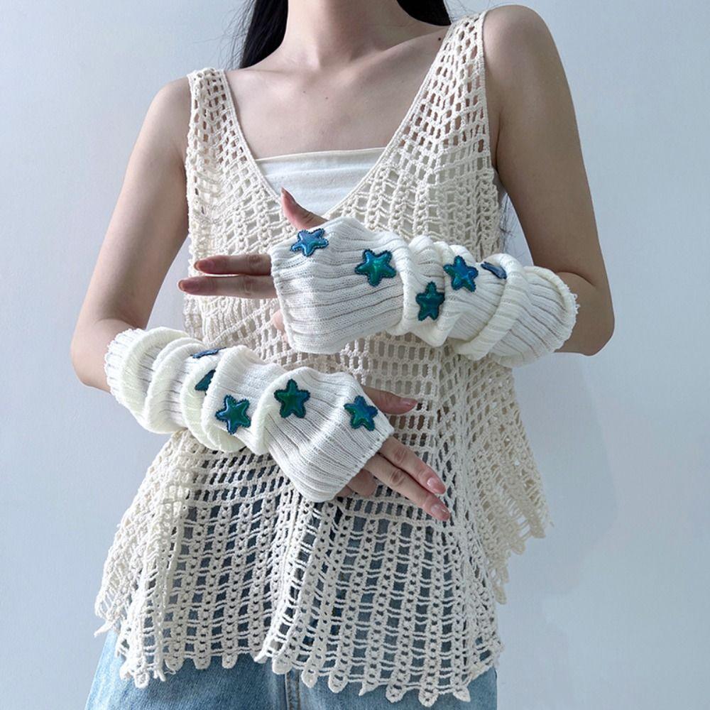 Y2k Star Knitted Gloves Gothic Wool Sleeve Cuff Punk Fingerless Gloves  Girls
