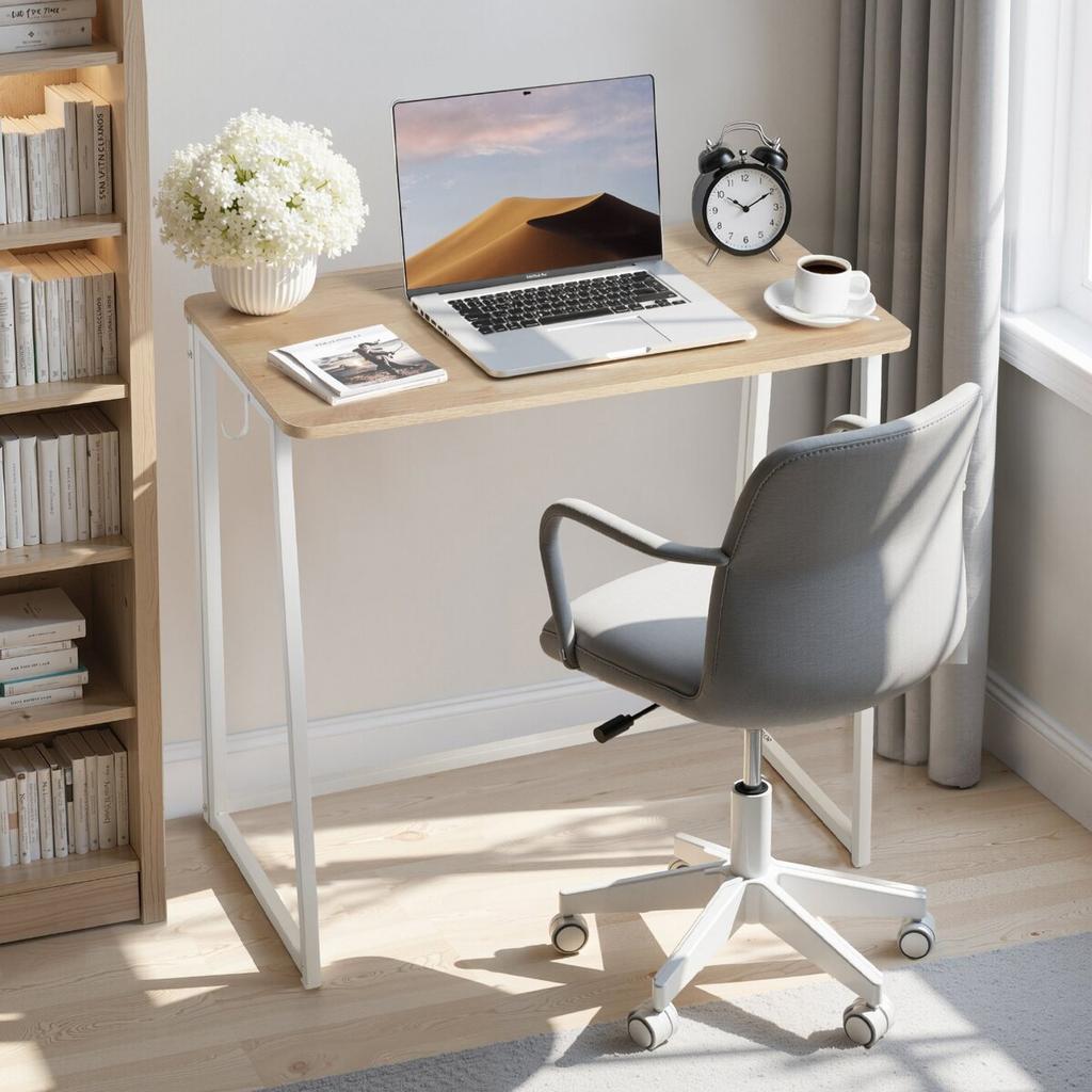 Folding Desk, 80 Cm Small Foldable Table for Compact Spaces, Space Saving Computer Table, Sturdy Particleboard with Storage Hooks, Writing Workstation