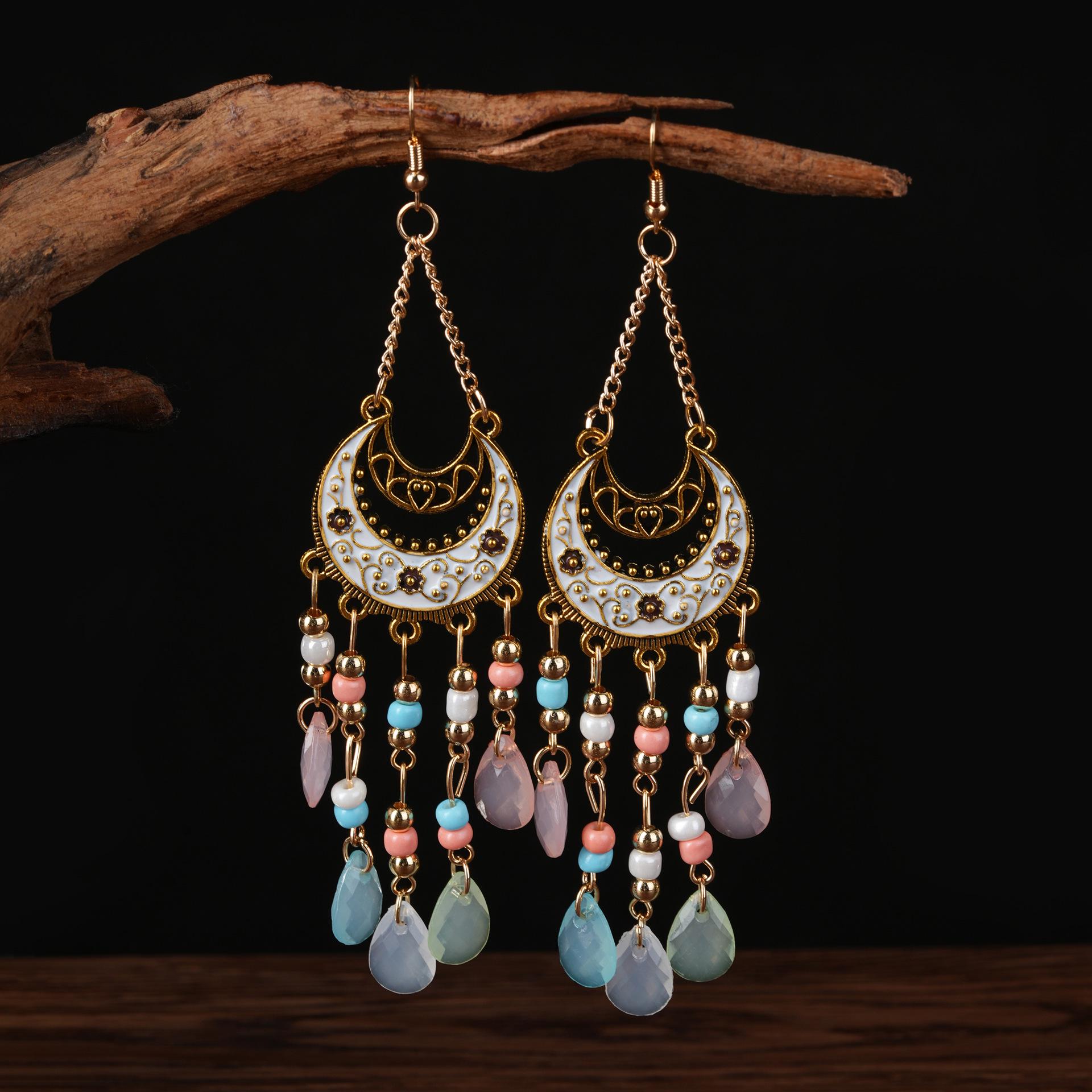 

Богемні транскордонні сережки-китиці ручної роботи у вигляді краплі води з рисових намистин для подорожей та фотографій