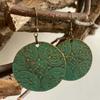 Bohemia Retro Turquoise Patina Finish Ethnic Carved Flowers Round Disc Dangle Earrings for Women Halloween Party Witch Jewelry