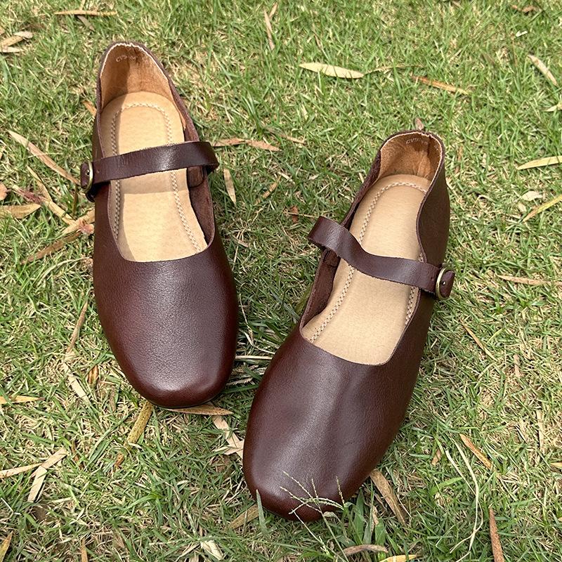 Niche Mori Shallow Mouth Single Shoes 2026 Spring One-word Buckle Flat-soled Women's Shoes Leather Casual Mary Jane Women's Shoes