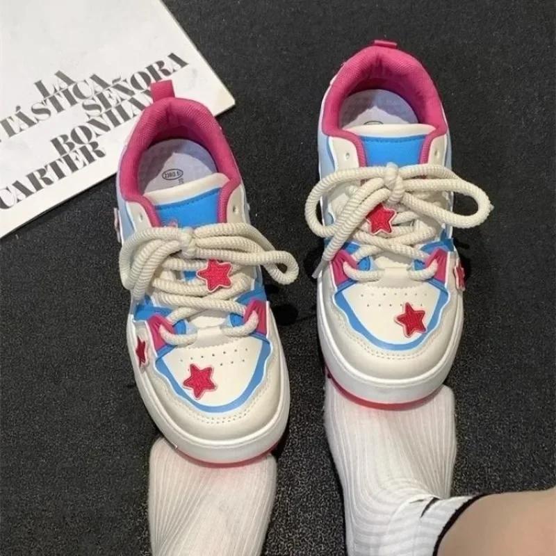 Fashion Wome 2024 Spring New Star Thick Bottom Leather Vulcanize Shoe Platform Sports Shoe Casual Sneakers Women's Footwear Plus Size 40