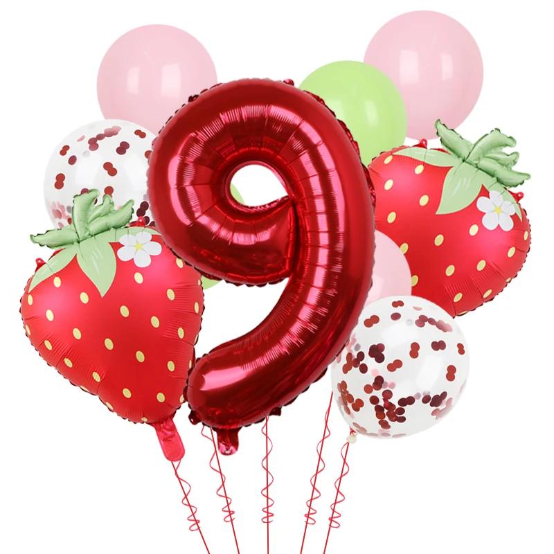 11Pcs 32inch Red 1-9 Years Old Digital Aluminum Film Strawberry Red Polka Dot Balloons Set Birthday Party Baby Shower Supplies