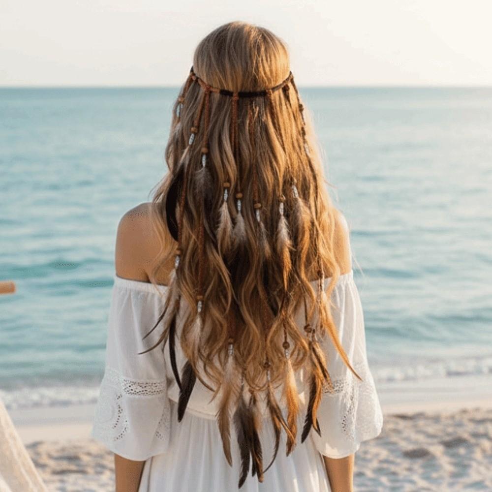Verstellbare Schiebeperlen Boho Feder Kopfschmuck Feder Haaraccessoires Kostümpartys