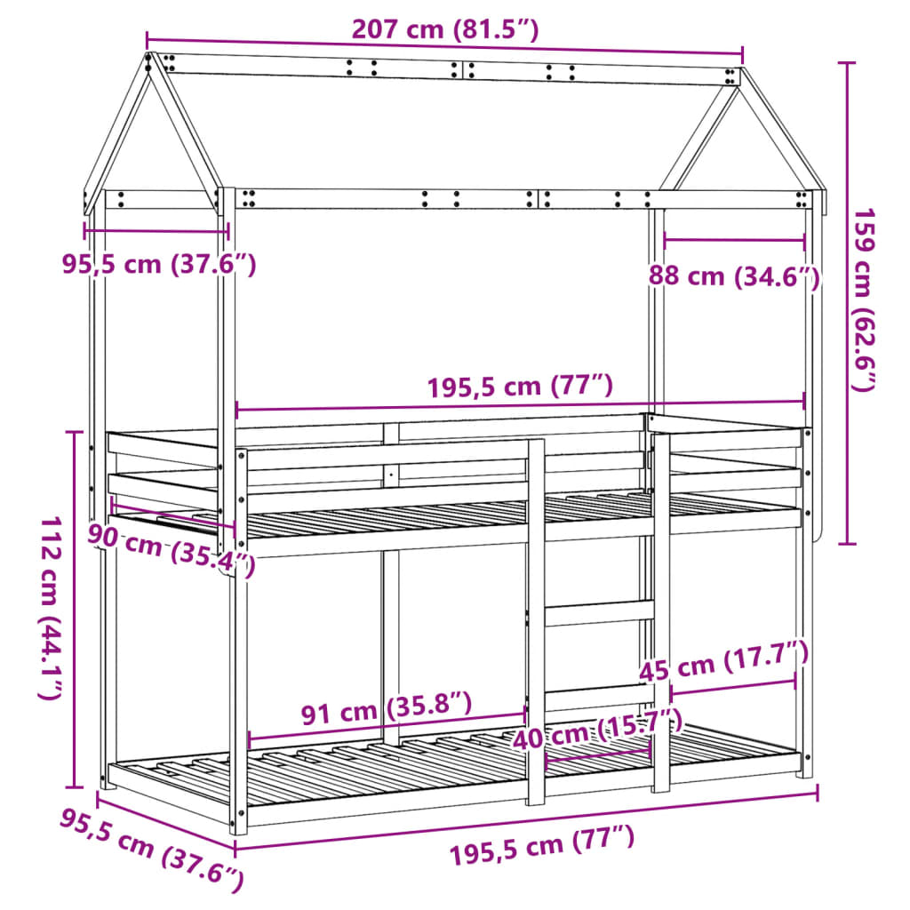 Bunk Bed Without Mattress 90 X 190 Cm Solid Pine Wood
