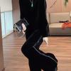 Women Plus Size Velvet 2 Piece Outfit Rhinestone Long Sleeve Top Wide Leg Pants Set