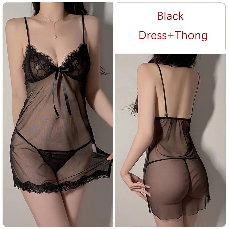 Dame Silke Pyjamassett Gjennomsiktig Mesh Gjennomsiktig Spaghettistropp Pyjamas Dame Nattkjole Sexy