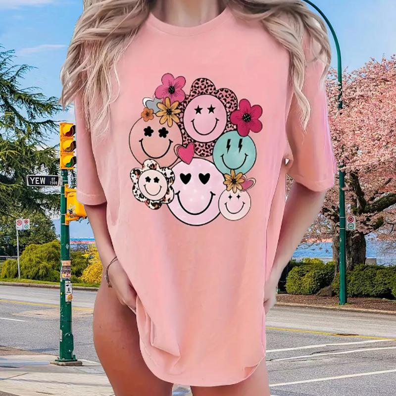 Fashion Women Trendy Smiley Face Print T Shirt Funny Casual O-neck Short Sleeves T-shirt Summer Female Tee Shirt