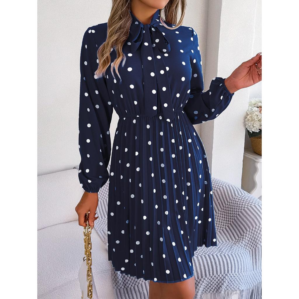 GMXIA Autumn and Winter Stylish Polka Dot Tie Waist-cinching Long-sleeved Pleated Skirt Women's Wear