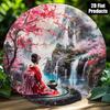 Geisha In Red Kimono with Cherry Blossom Waterfall Landscape Tin Sign  Vintage Durable Metal Plaque Wall Decor Home Office Bar