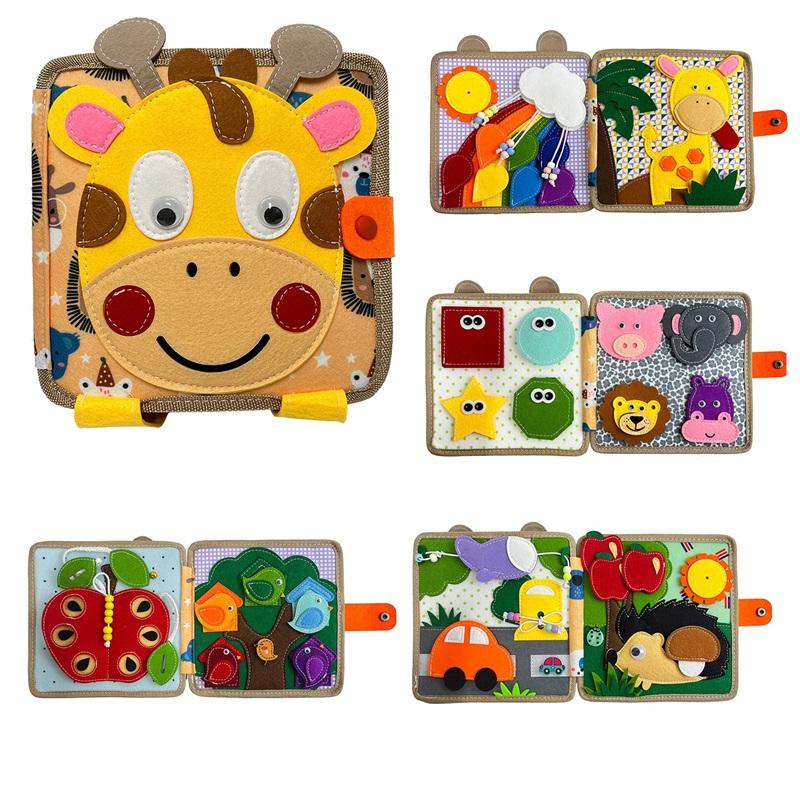 Игрушка Монтессори Жираф Бизиборд 3D книга из фетра для мелкой моторики, навыков раннего образования, развития знаний