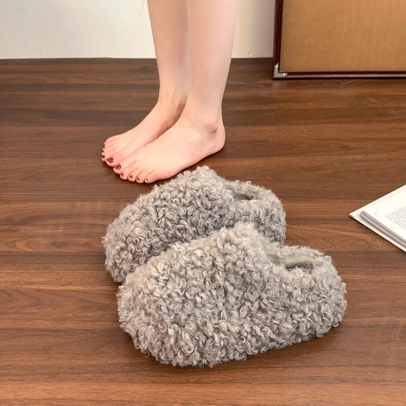 Women's Shoes Simple Casual Versatile Bag Head Half Slippers Women's Autumn and Winter New Outer Wear Lazy Thick-soled Fluffy Shoes