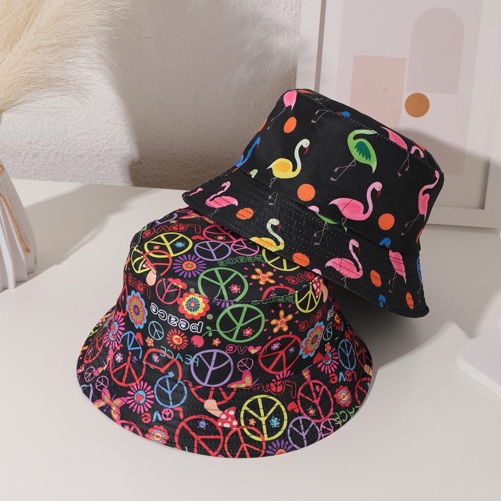 Casual Digital Printed Double-sided Fisherman's Hat with Animal, Flower and Letter Full Printing Flat Top Basin Hat