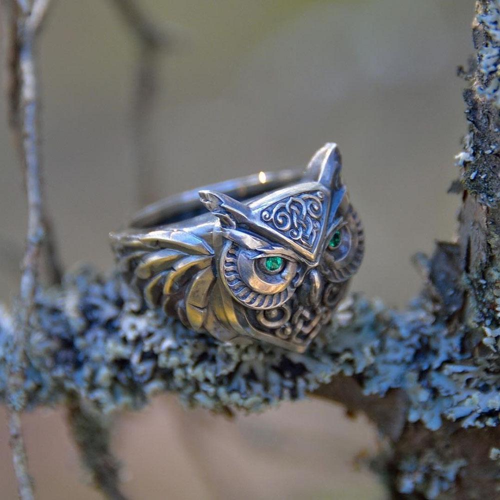 Retro Green Eye Owls Ring For Men Silver Punk Gothic Adjustable Handmade Rock Hiphop Biker Jewelry Gift