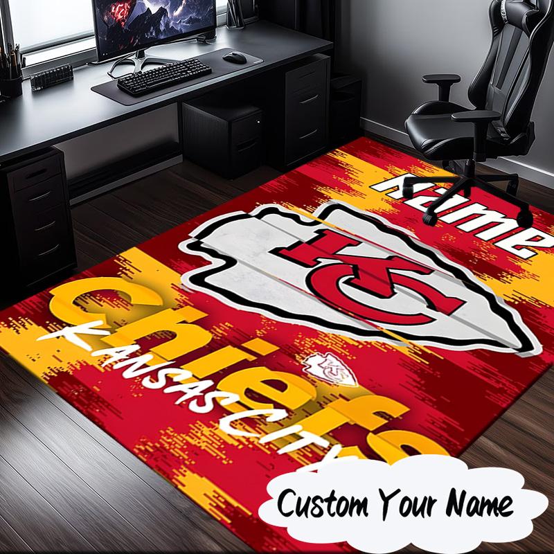 Custom Name Kansas Chiefs Helmet Rug for Living Room, Game Rooms, Office, Bedroom, Floor Mat Playful Design, fan gifts Christmas decor