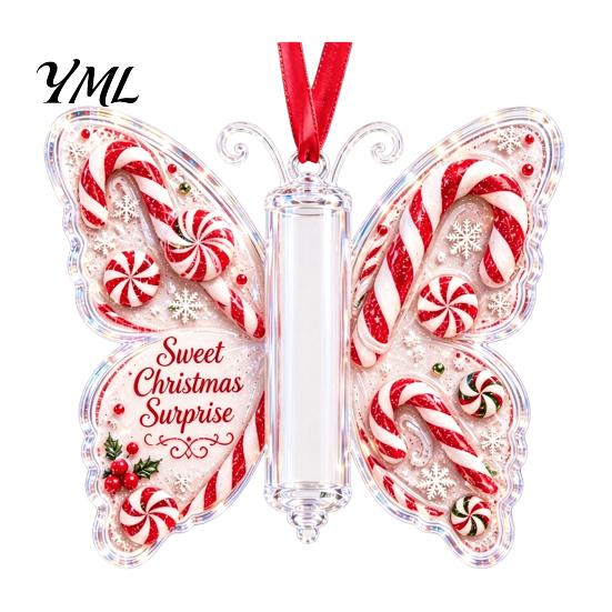 Acrylic Hanging Money Capsule Christmas Holder Ornament, Cash Decor with Vintage Tree Decoration Slot Butterfly Print, Holiday Party Supplies
