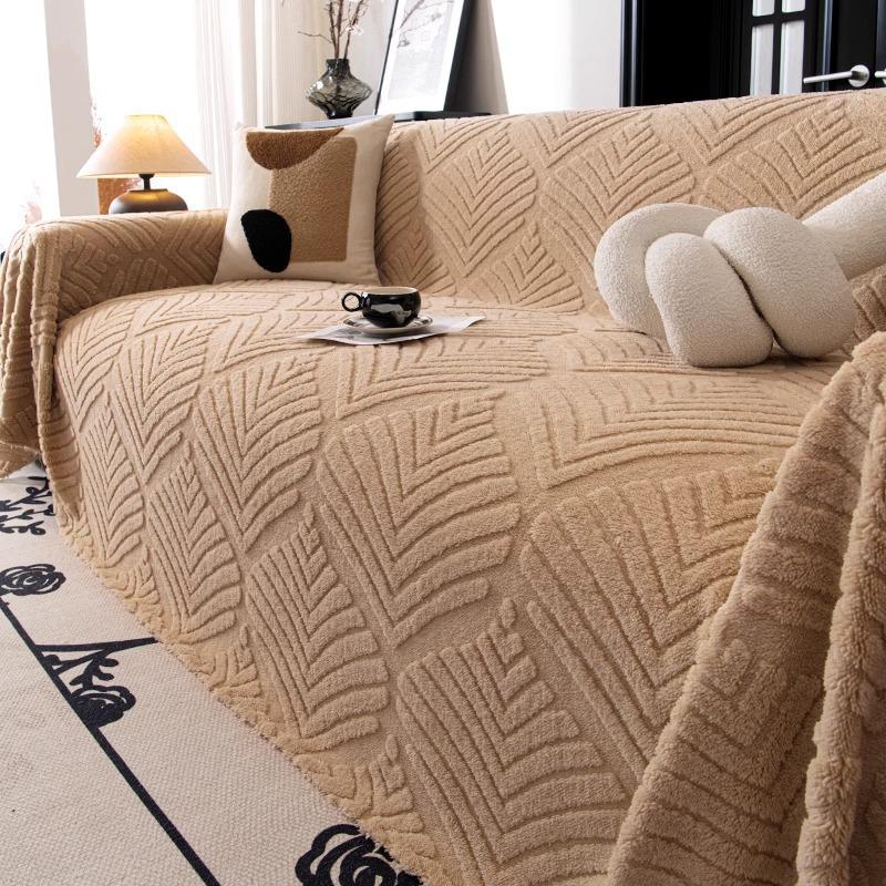 Cream Plush Sofa Wrap: One-Piece Cushion Cover & Warm Blanket for Autumn/Winter.