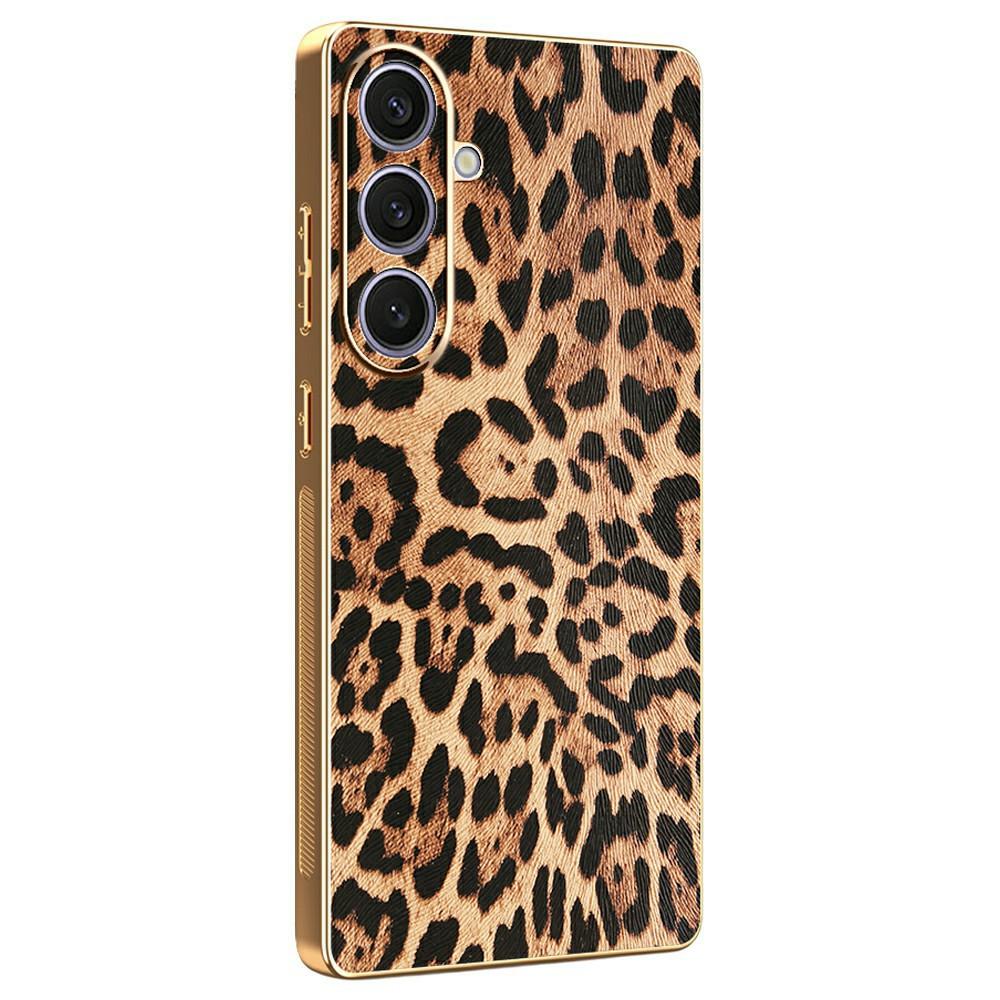 For Samsung Galaxy S25+ Case Leopard Print PU Leather Coated PC+TPU Electroplating Phone Cover
